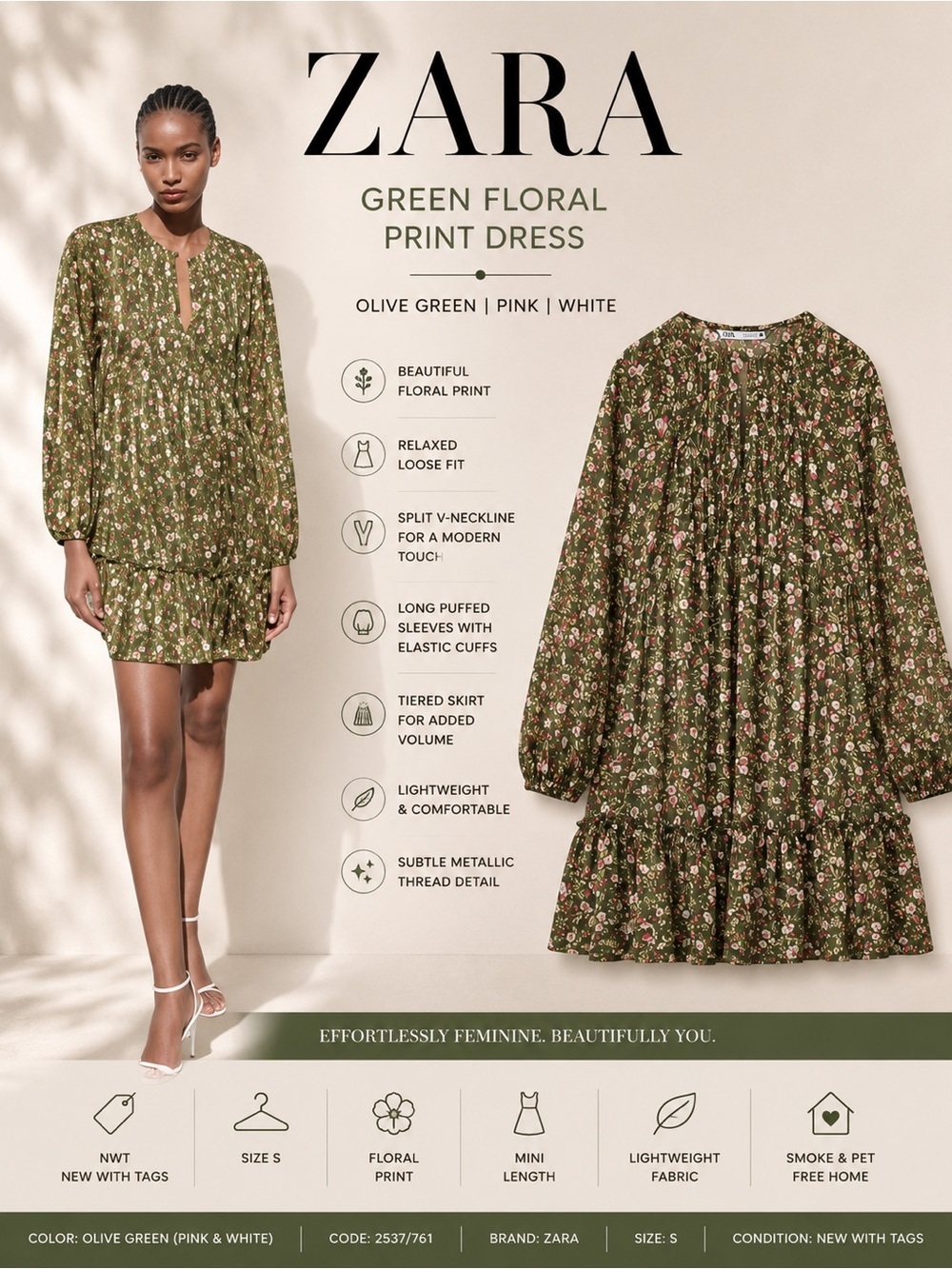 Zara Green Floral Print Mini Dress Size S NWT Long Sleeve Boho Tiered
